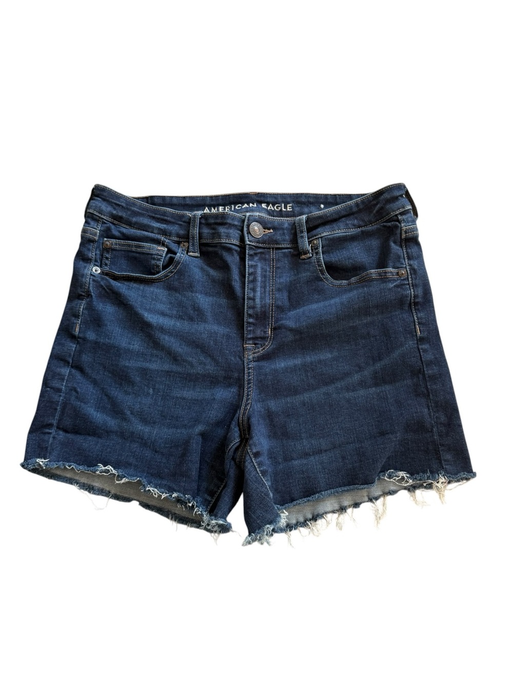 American Eagle Women’s Hi Rise Shortie Dark Indigo Raw Hem Denim Shorts Size 14